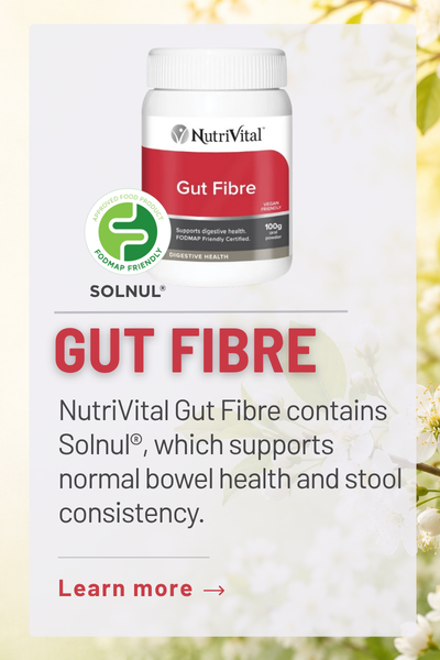 NutriVital Gut Fibre supports normal bowel health and stool consistency.