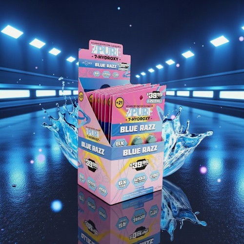 Colorful packaging for Blue Haze products with a water splash background.