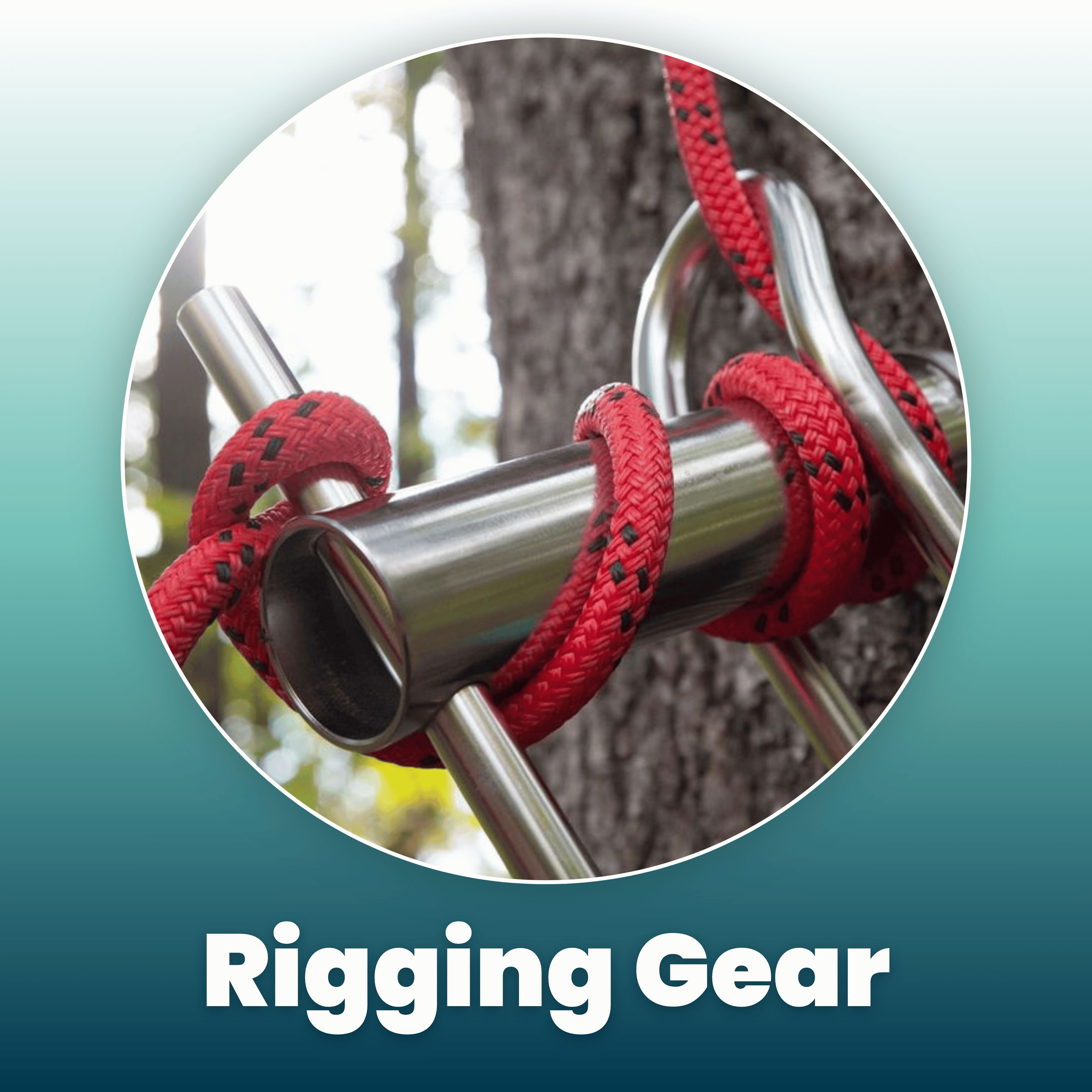 Close-up of rigging gear with red rope on a metal bar.