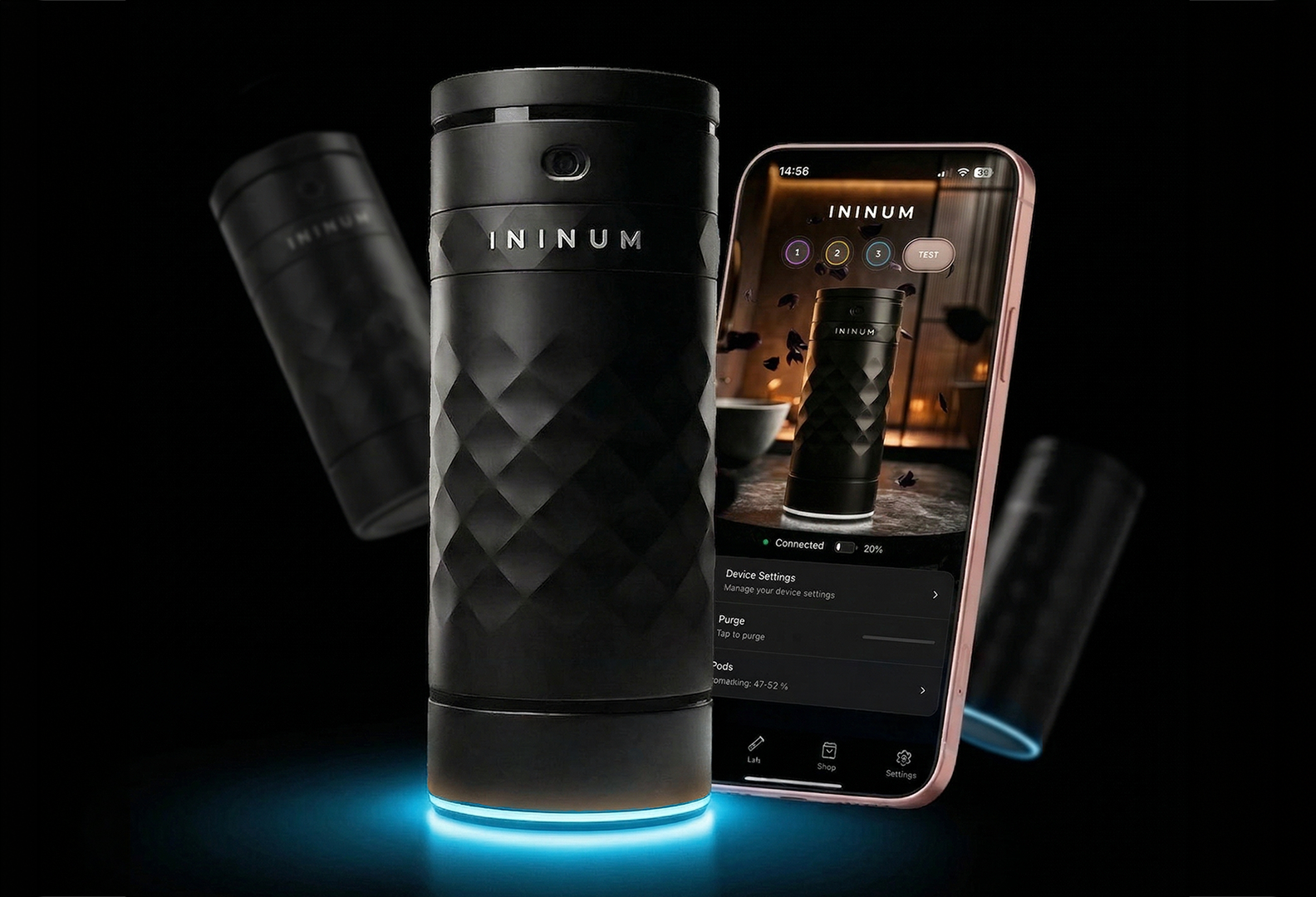 Smart speaker with app display, glowing base, and geometric design.