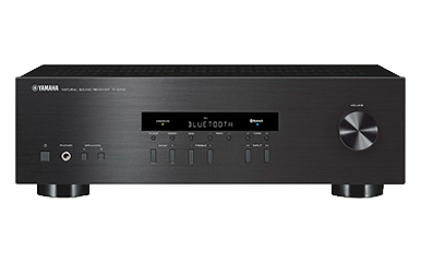 Black audio receiver with knobs and display screen.