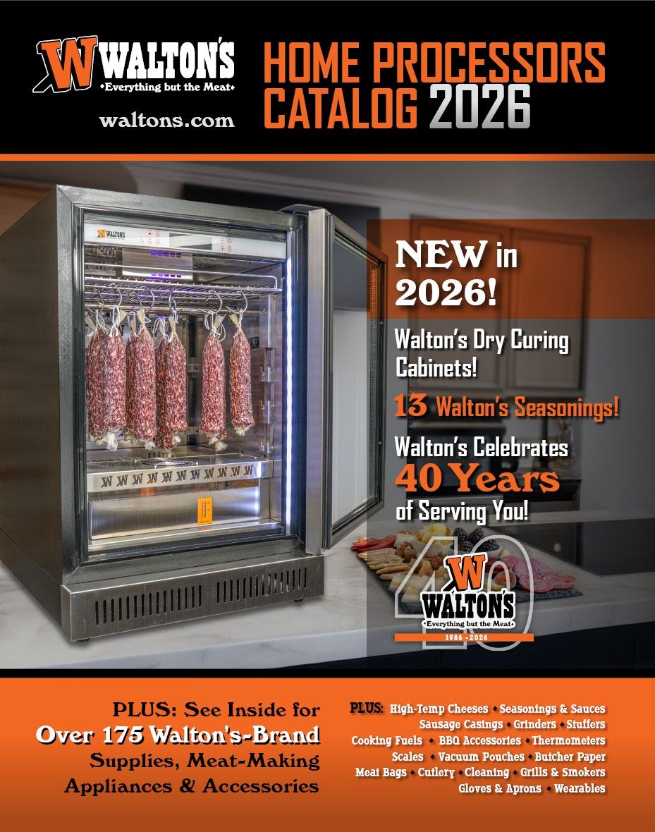 Walton's Home Processors Catalog 2026 featuring dry curing cabinets and appliances.
