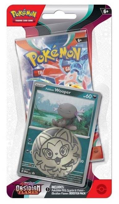 Pokémon Obsidian Flames booster pack with Faldean Wooper card and coin.