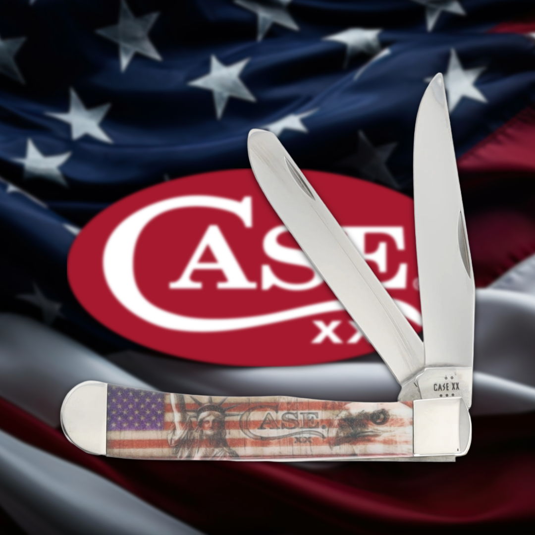 A folding knife with an American flag design on the handle.