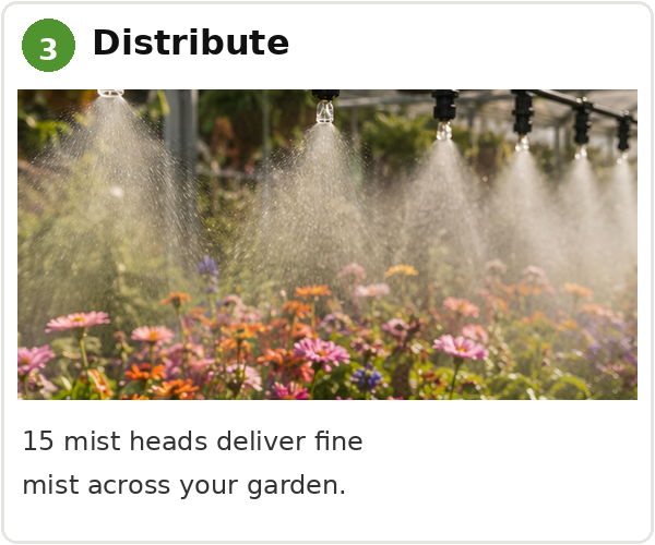 Mist heads distributing water across a colorful flower garden.