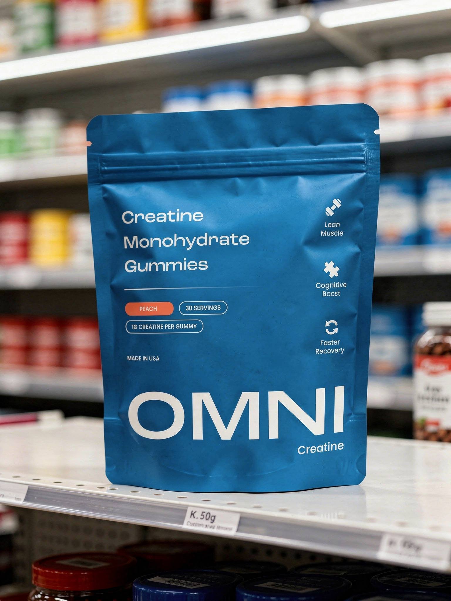 Blue pouch of Omni creatine monohydrate gummies on a store shelf.