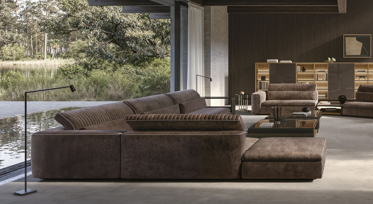 Modern living room with a brown sectional Julian sofa by Molteni & C and contemporary decor.