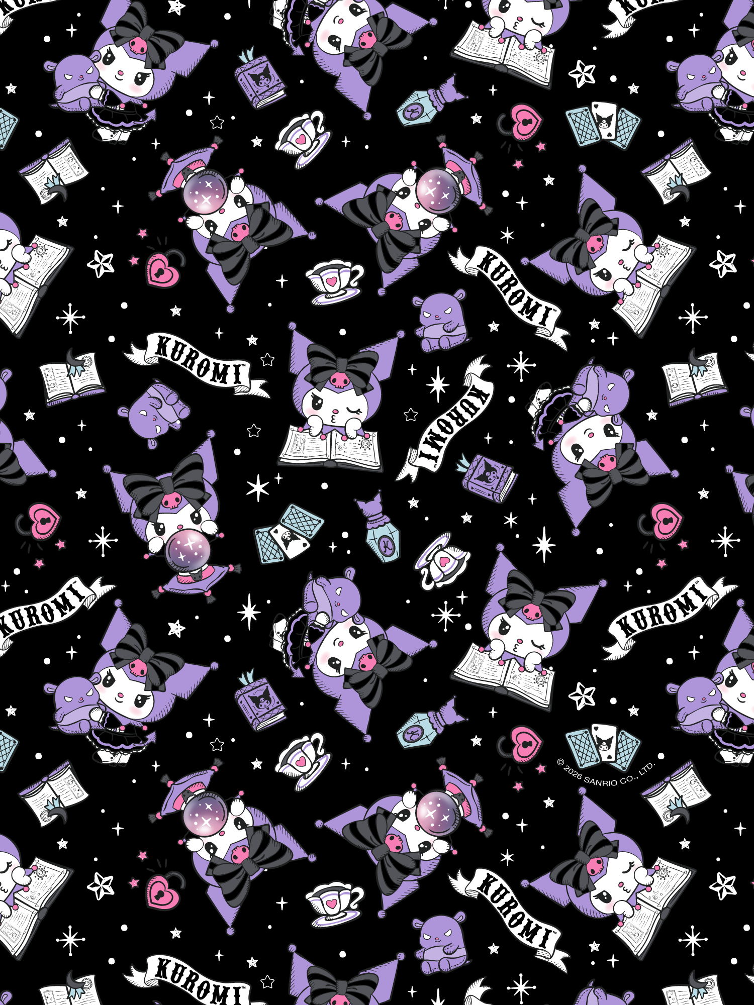 A repeating pattern featuring the character Kuromi in a dark gothic outfit, surrounded by books, teacups, stars, hearts, and small purple figures on a black background.
