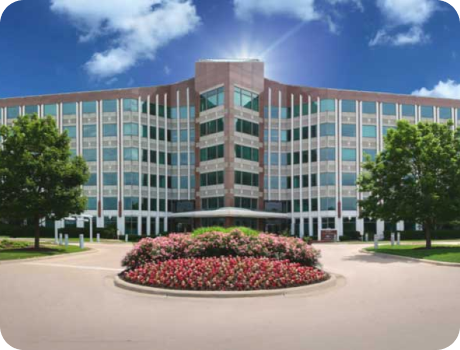 Modern office building with landscaped entrance and flower bed.