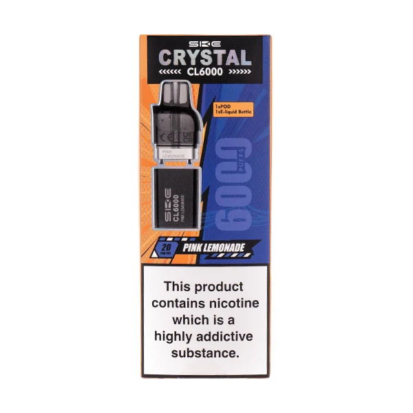 Crystal vape packaging with nicotine warning and product information.