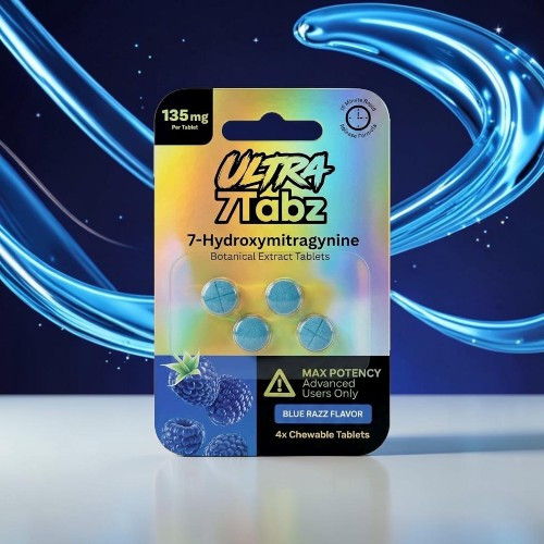Packaging for Ultra Tabz 7-Hydroxymitragynine dietary supplement tablets.
