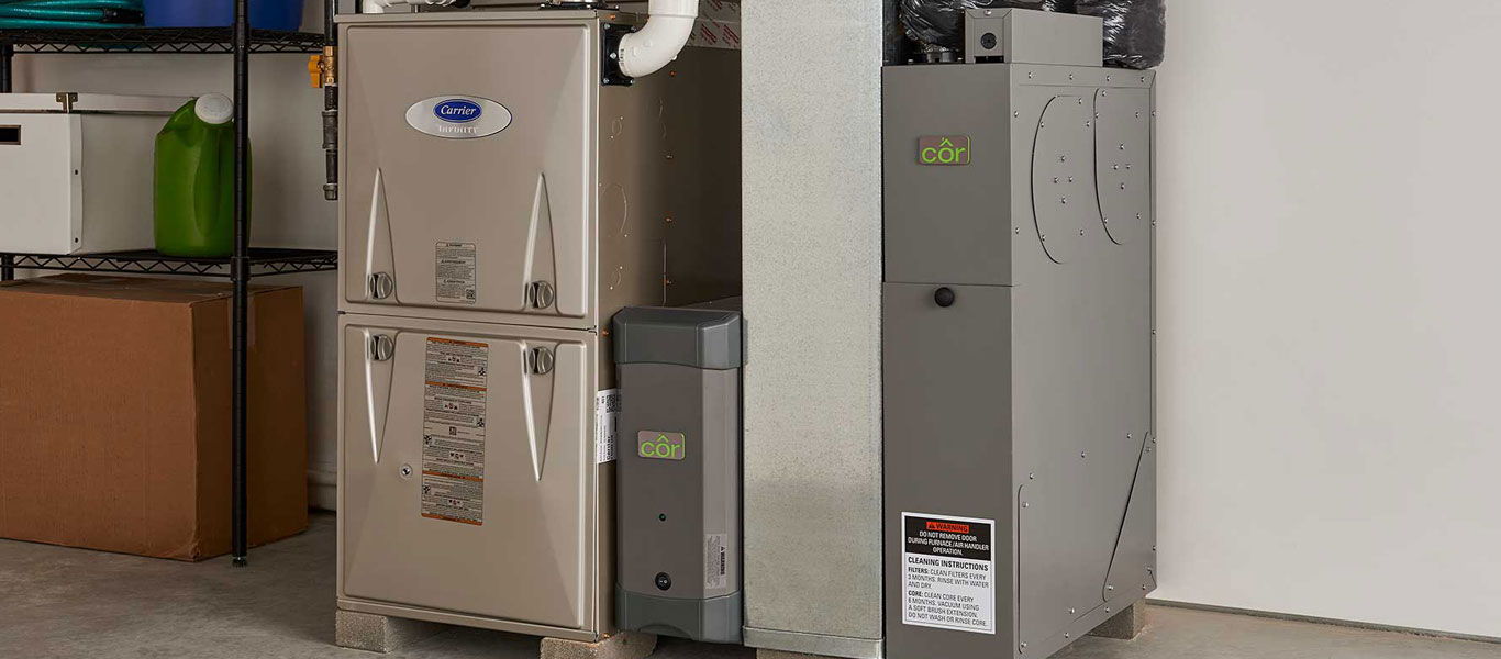 carrier natural gas furnace system in garage of home
