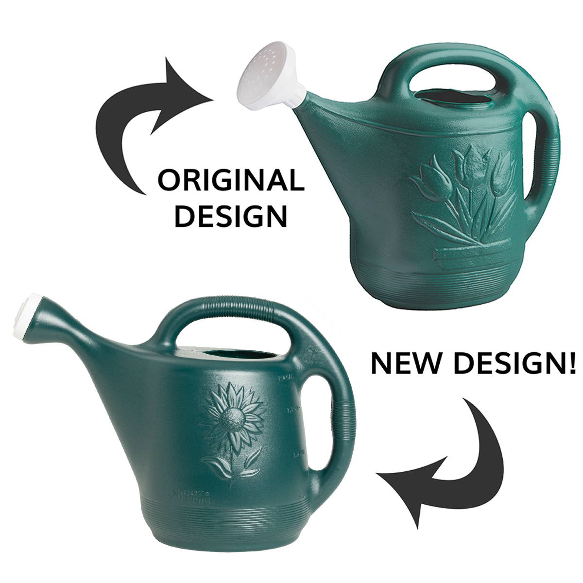 Graphic showing the old classic watering can design compared to the new sunflower 2 gallon green watering can