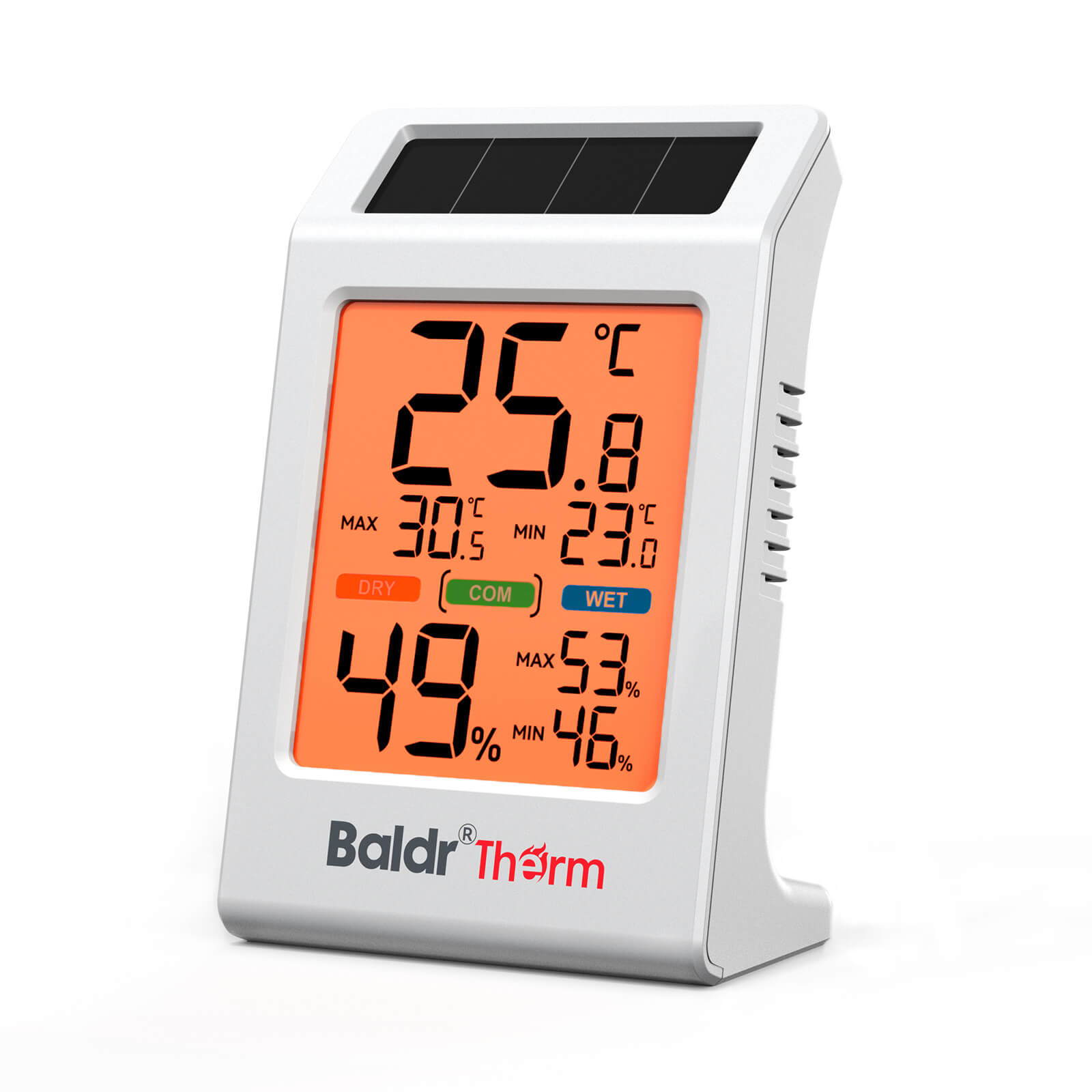 Digital weather station displaying temperature and humidity readings.