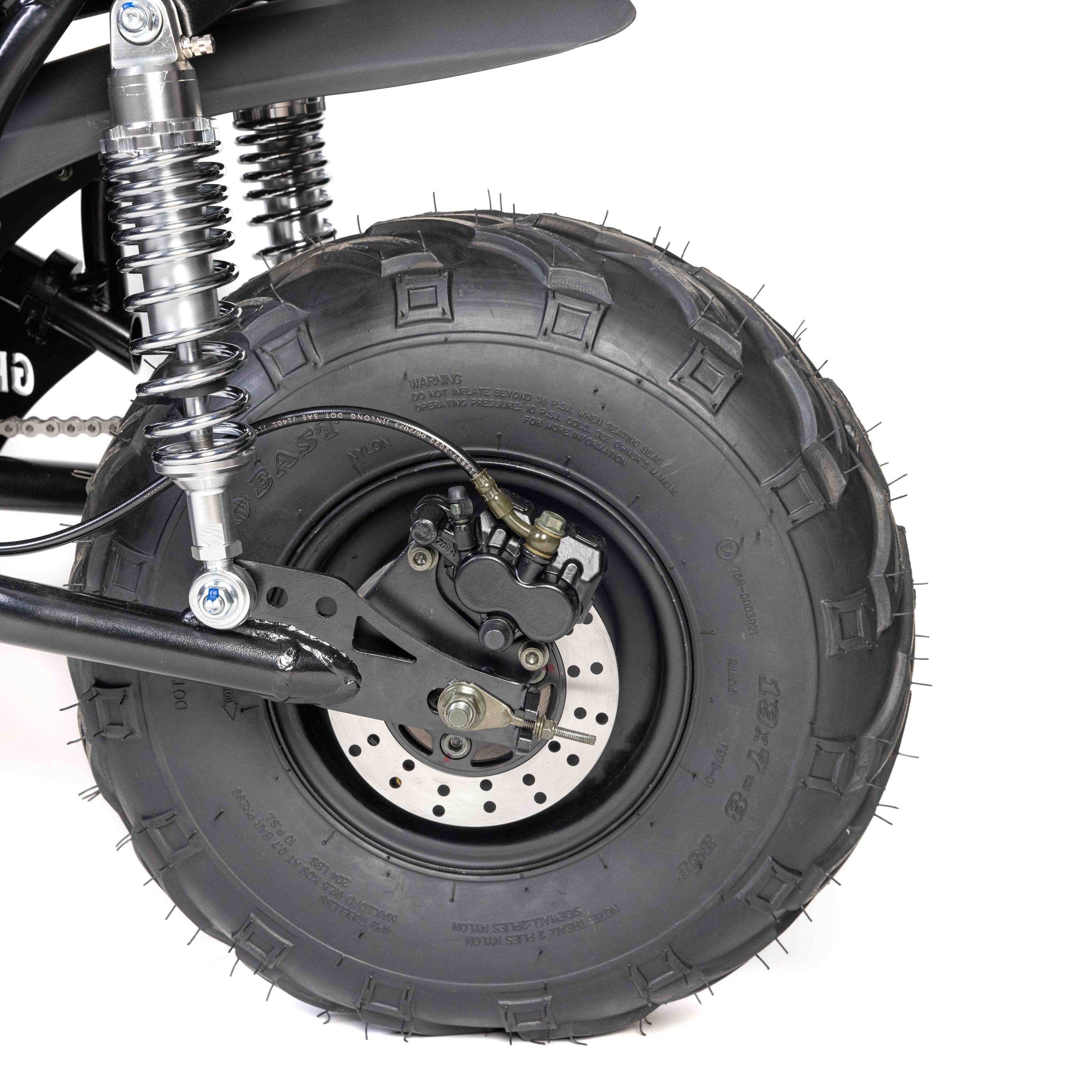 Megalodon Rear Swing Arm Kit comes with adjustable Nitrogen Shocks and Hydraulic Rear Brake