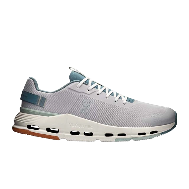 Light gray athletic shoe with blue accents and white sole.