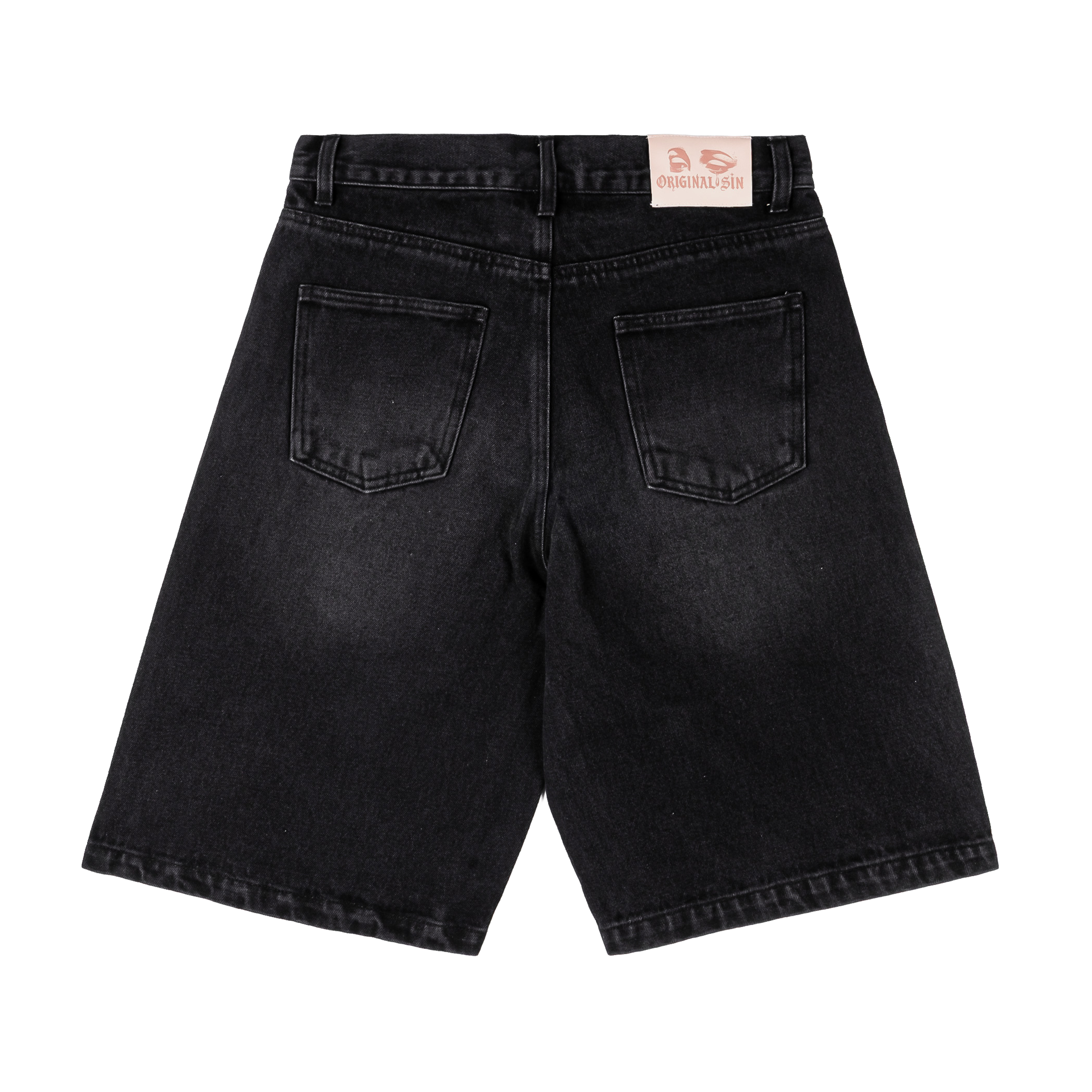 Black denim shorts with cross and text embellishments.
