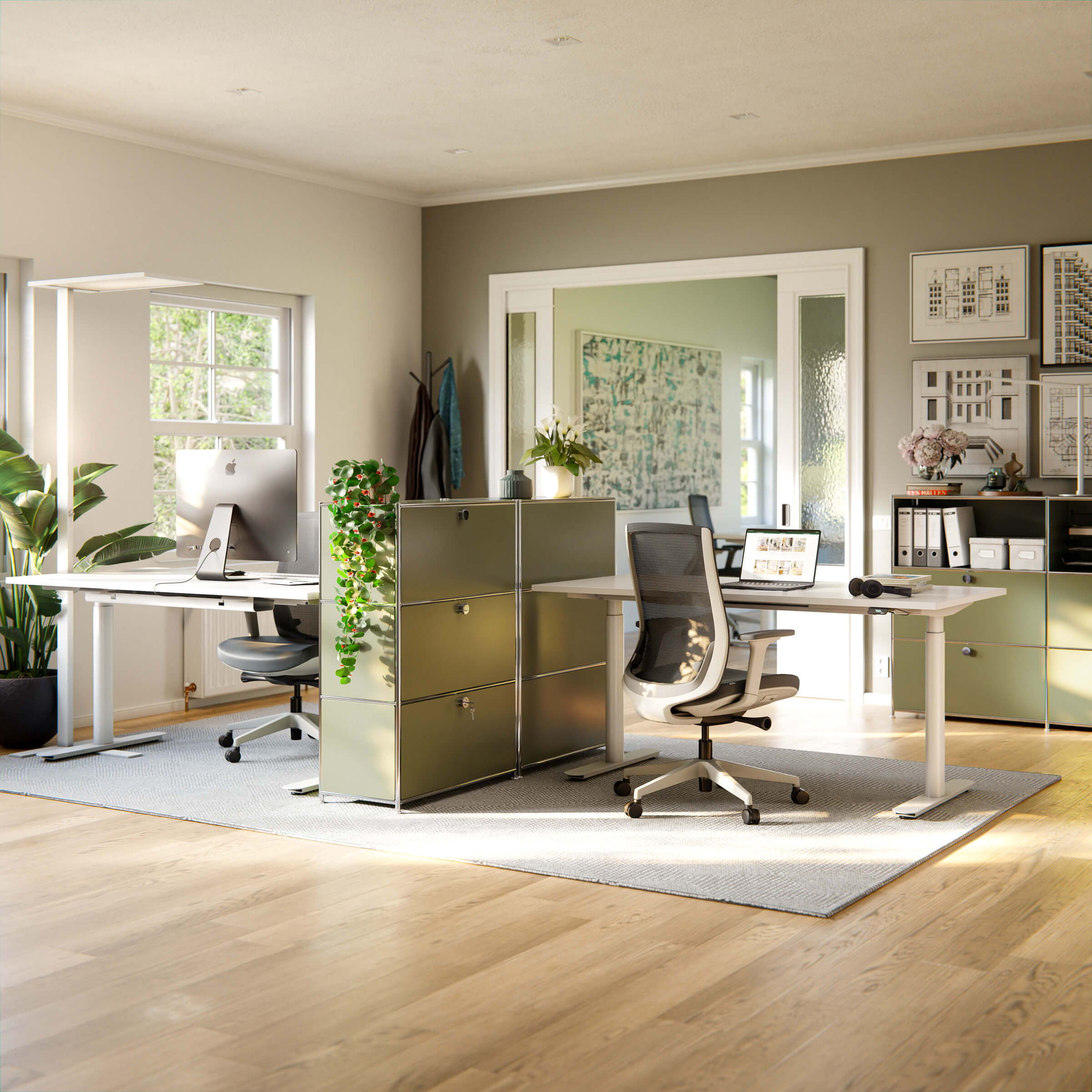 Open-plan office with two workstations, separated by two ofinto Cubox office shelves in olive green