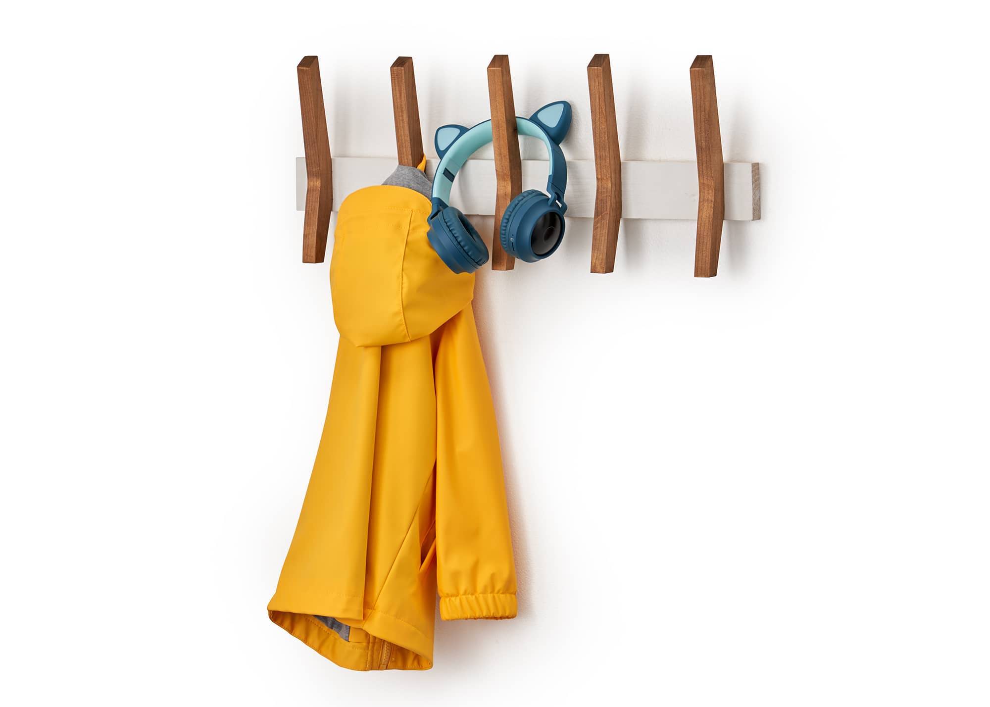 wood wall rack with 5 hooks, with a coat and headphones hanging