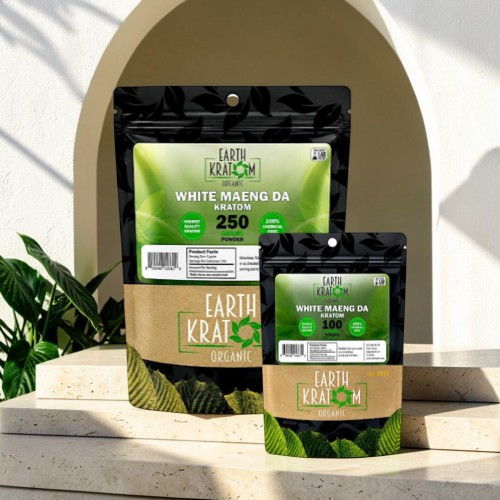 Two packages of kratom powder on display.