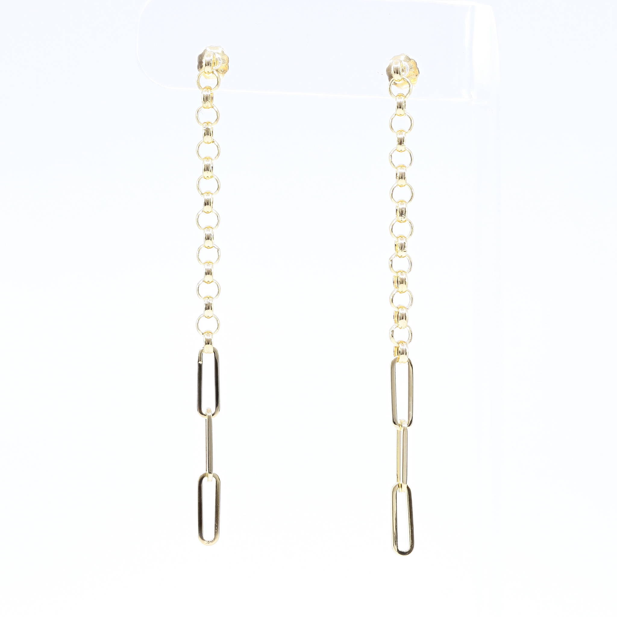 paperclip and bolo chain dangle earrings in yellow gold