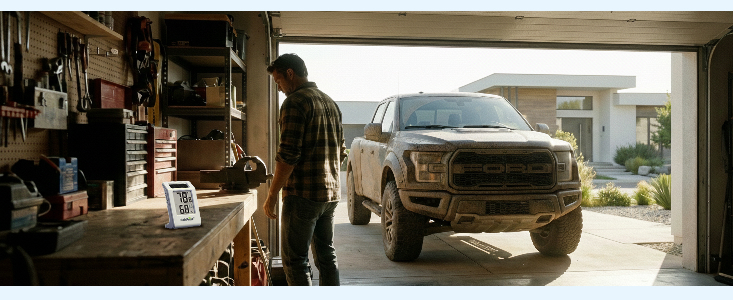 A person in a garage near a truck, with tools on a shelf.