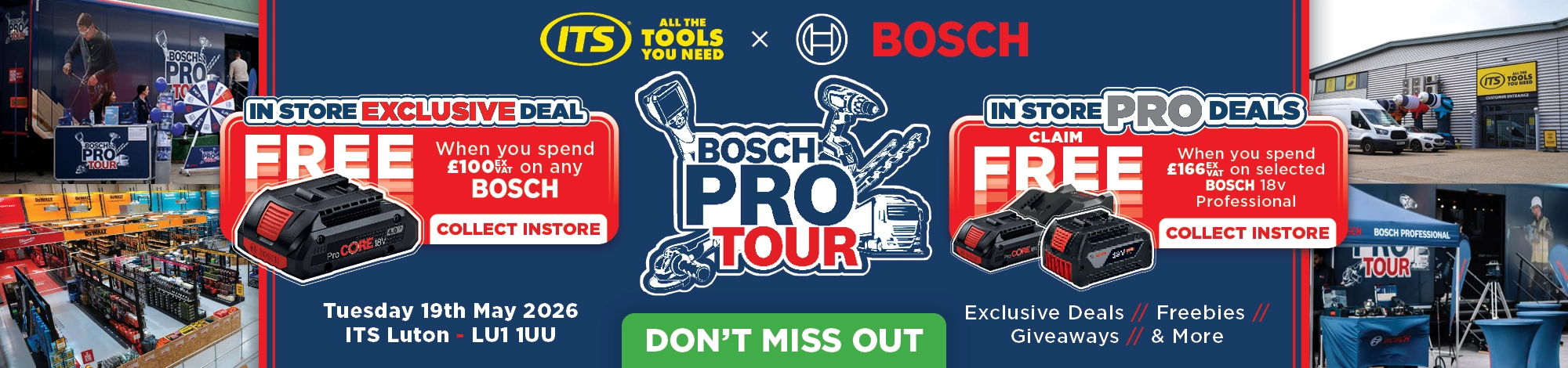 Promotional banner for a tool tour event with free giveaways.