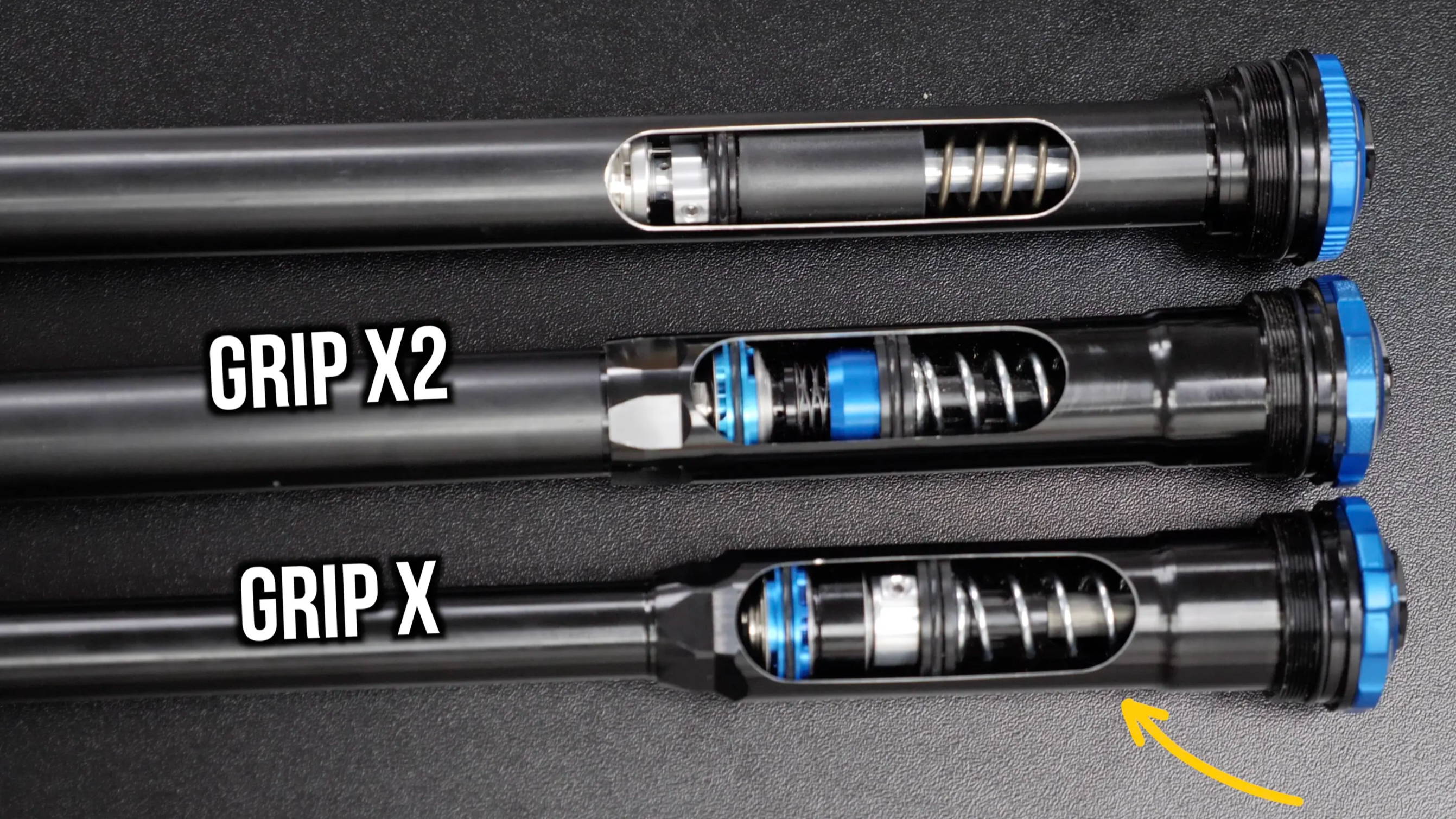 fox grip x grip x2 and grip2 dampers side by side to compare internals with cutaway images