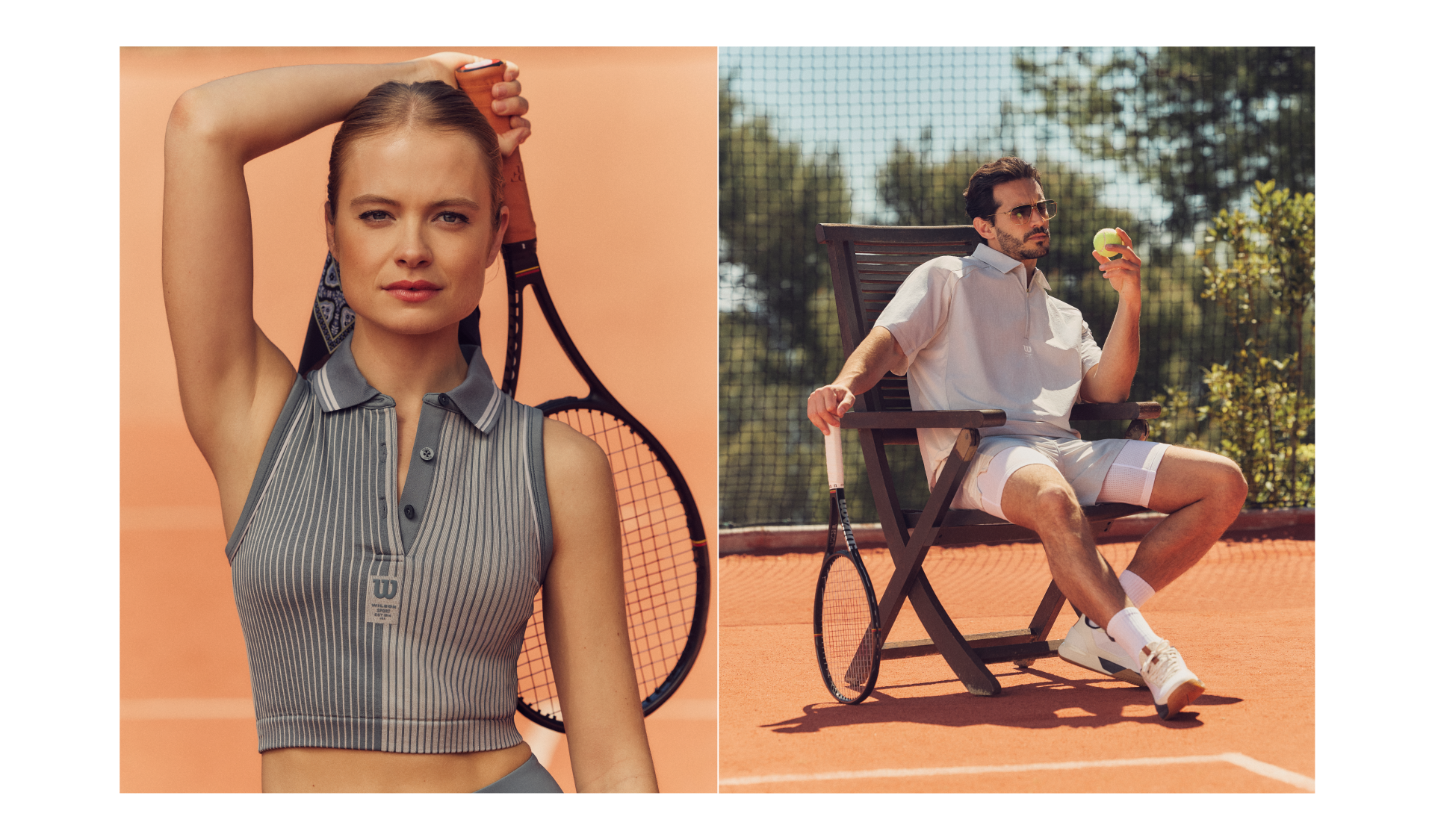 Two tennis players on a court, one posing with a racket, one sitting.