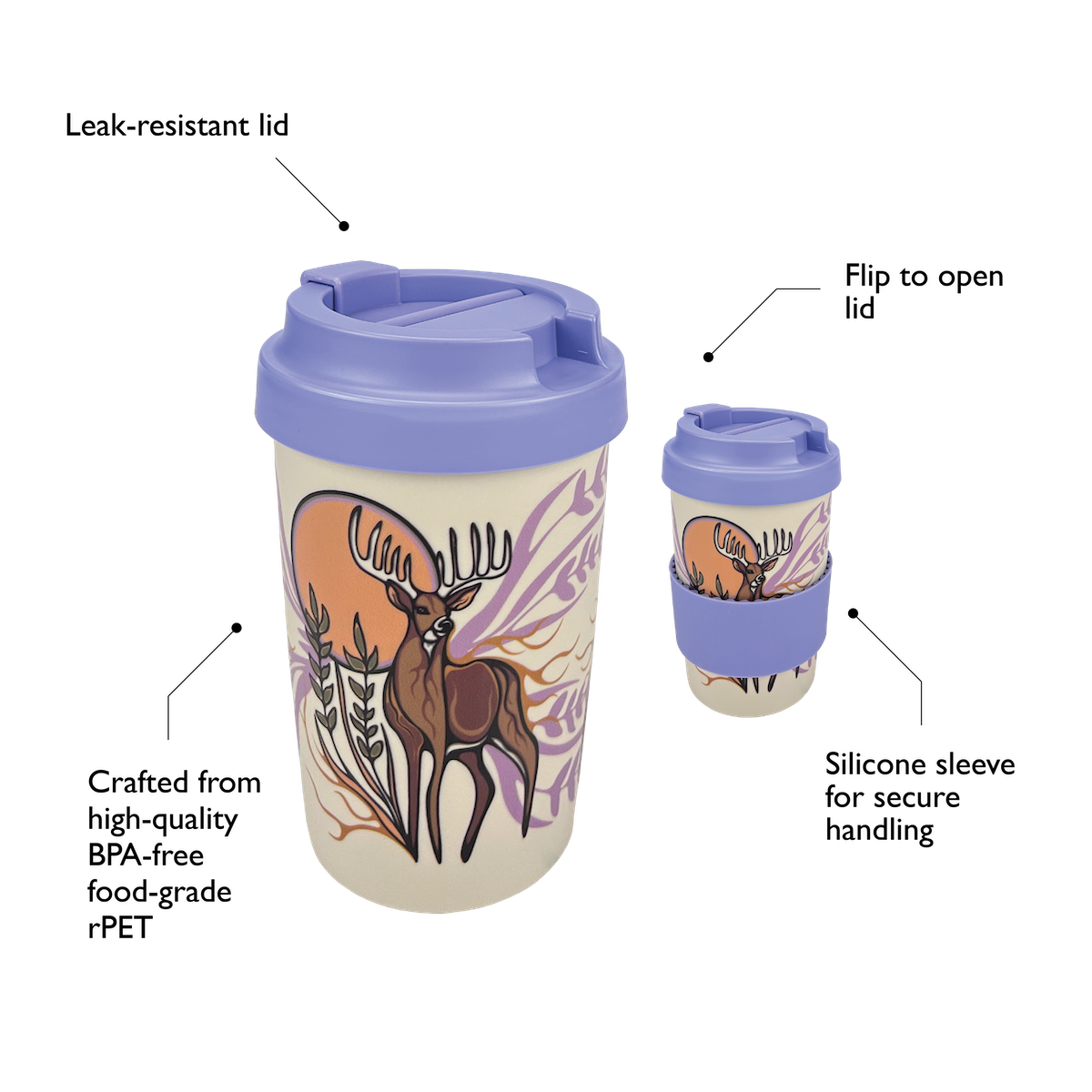 15oz Eco Travel Mug diagram showing BPA-free rPET construction, leak-resistant lid, and silicone sleeve