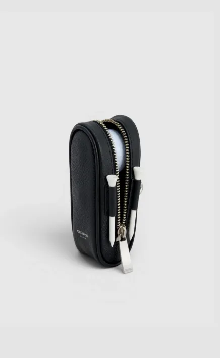 Black zippered case with silver zipper pull, standing upright.