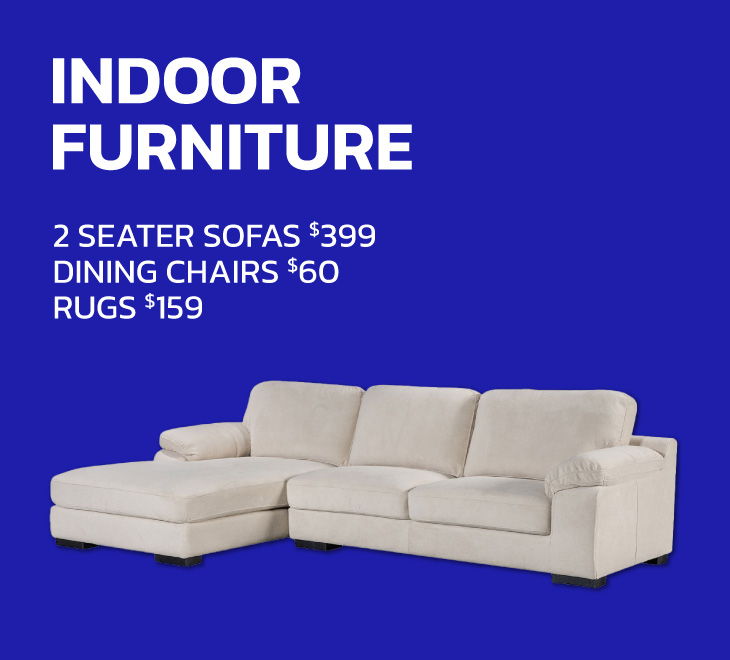 Text promoting indoor furniture with prices and a sofa image.