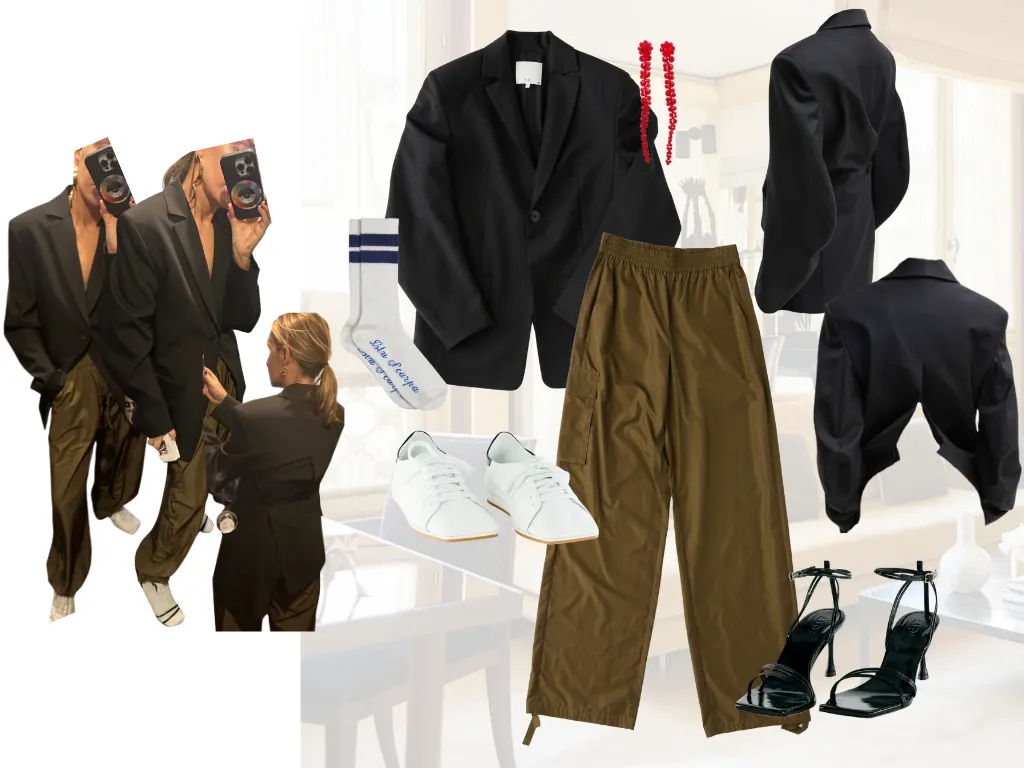 Fashion collage featuring blazers, trousers, shoes, and accessories.