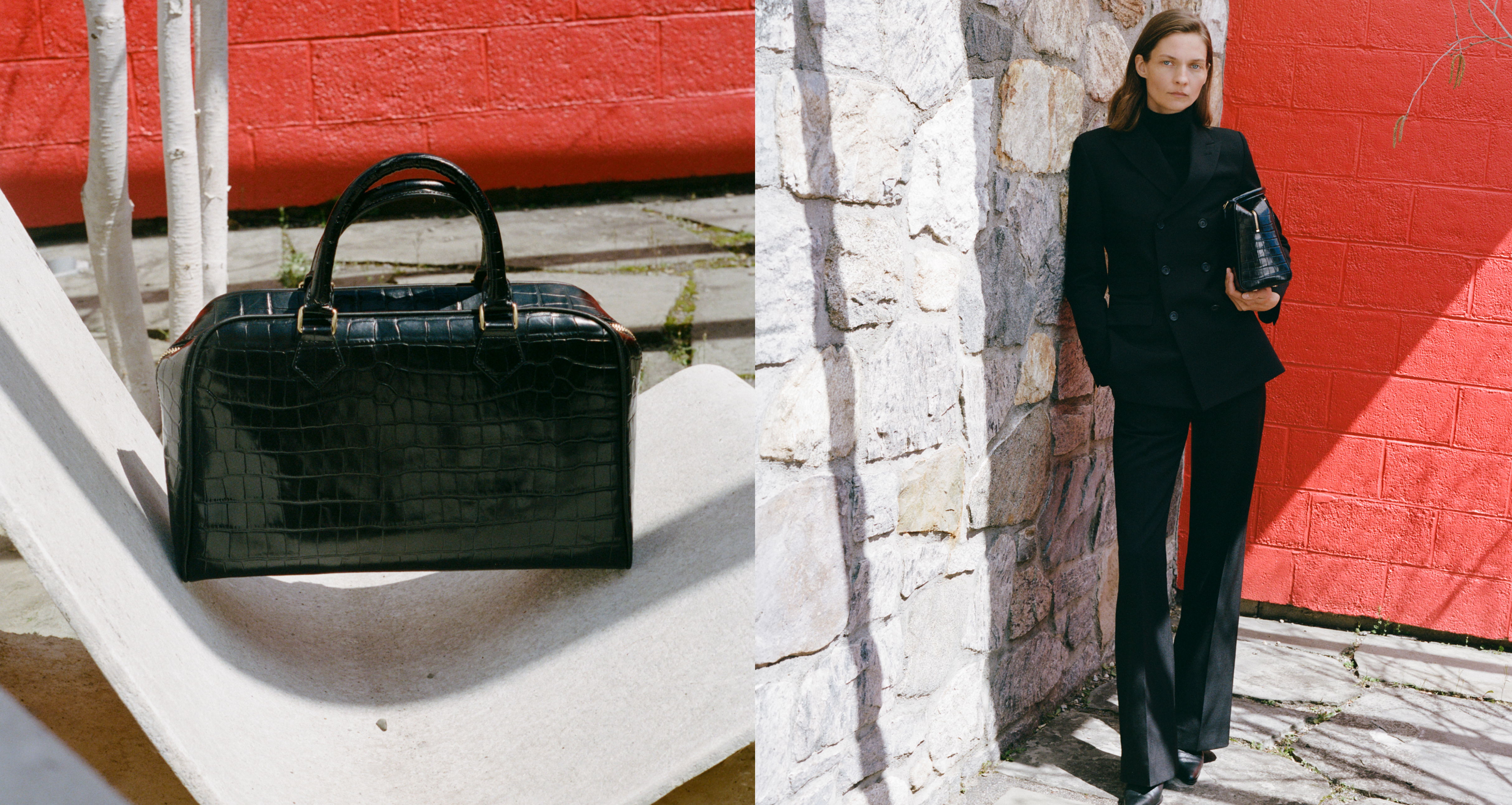 A black handbag beside a woman in a stylish outfit against a red background.