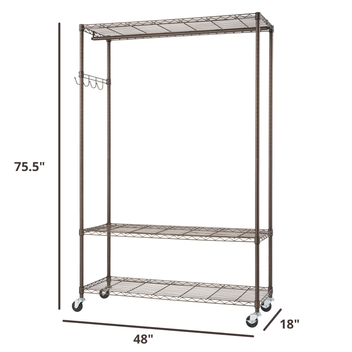 48 inches wide by 18 inches deep by 75.5 inches tall garment rack