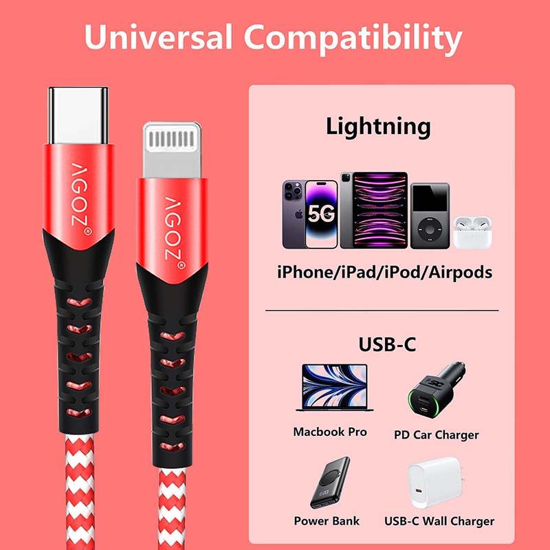 1ft Red USB-C to Lightning Cable Fast Charger for iPhone
