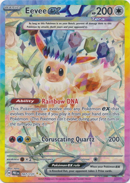 Eevee EX Pokémon card with colorful design and abilities.
