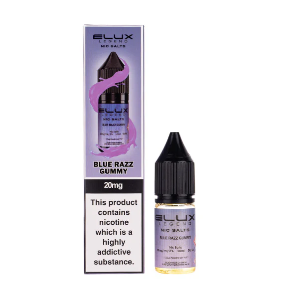 Bottle of Blue Razz vape juice with warning label.