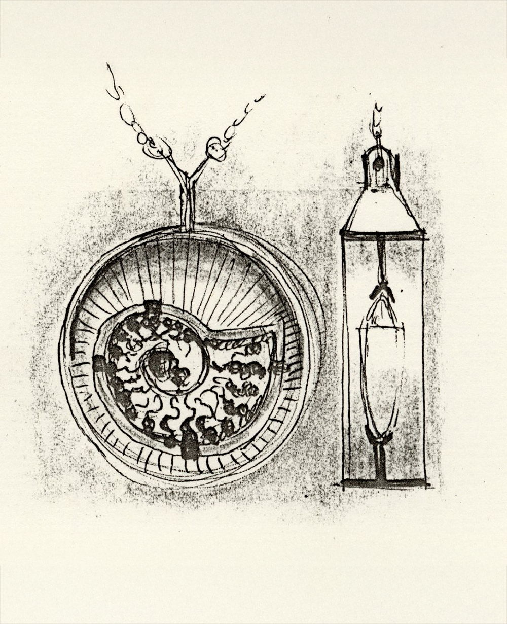 Illustration of a pendant and a lantern, both intricately designed.