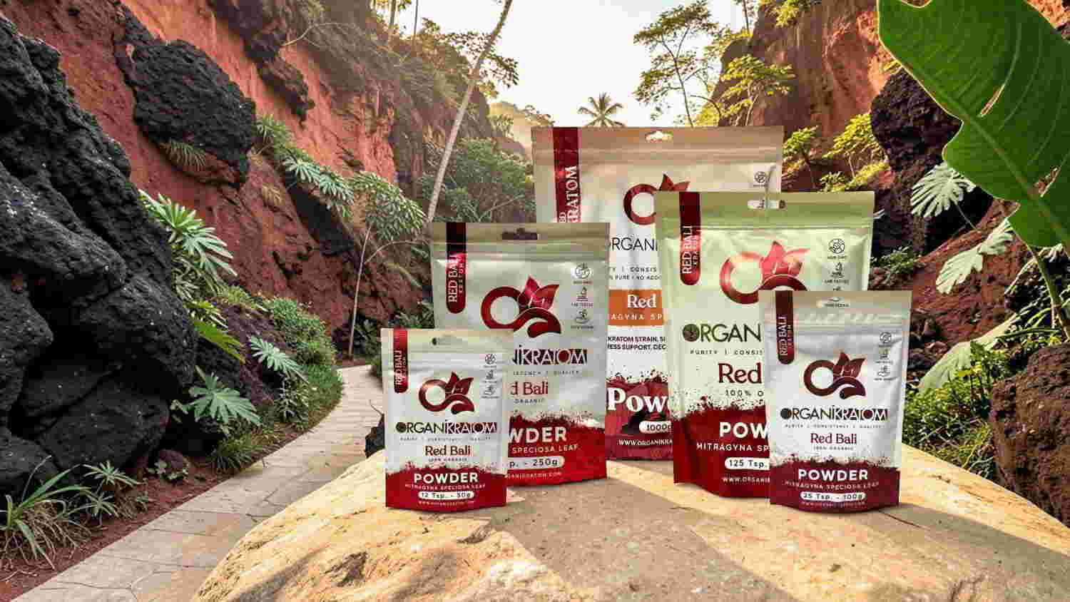Assorted snack packages displayed on a scenic pathway surrounded by greenery.