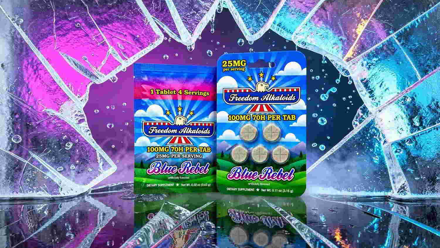 Two colorful packages of candy against an icy background with vibrant lighting.