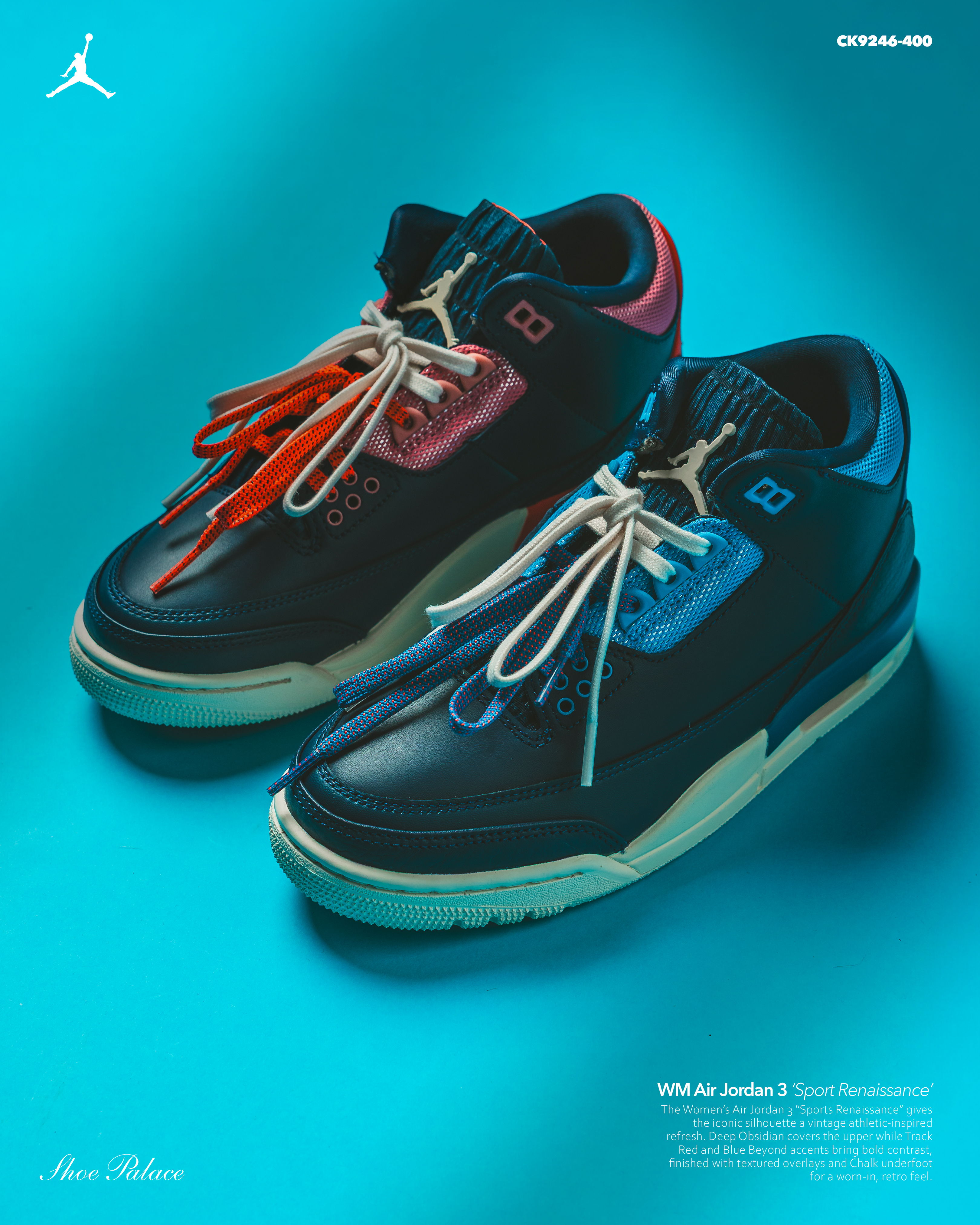 A pair of stylish sneakers on a blue background.