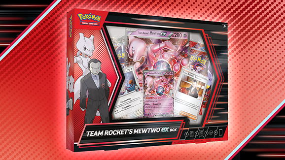 Pokémon Team Rocket's Mewtwo toy packaging with cards and figurine.