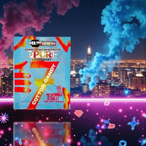 Colorful cotton candy packaging against a vibrant, smoky cityscape background.