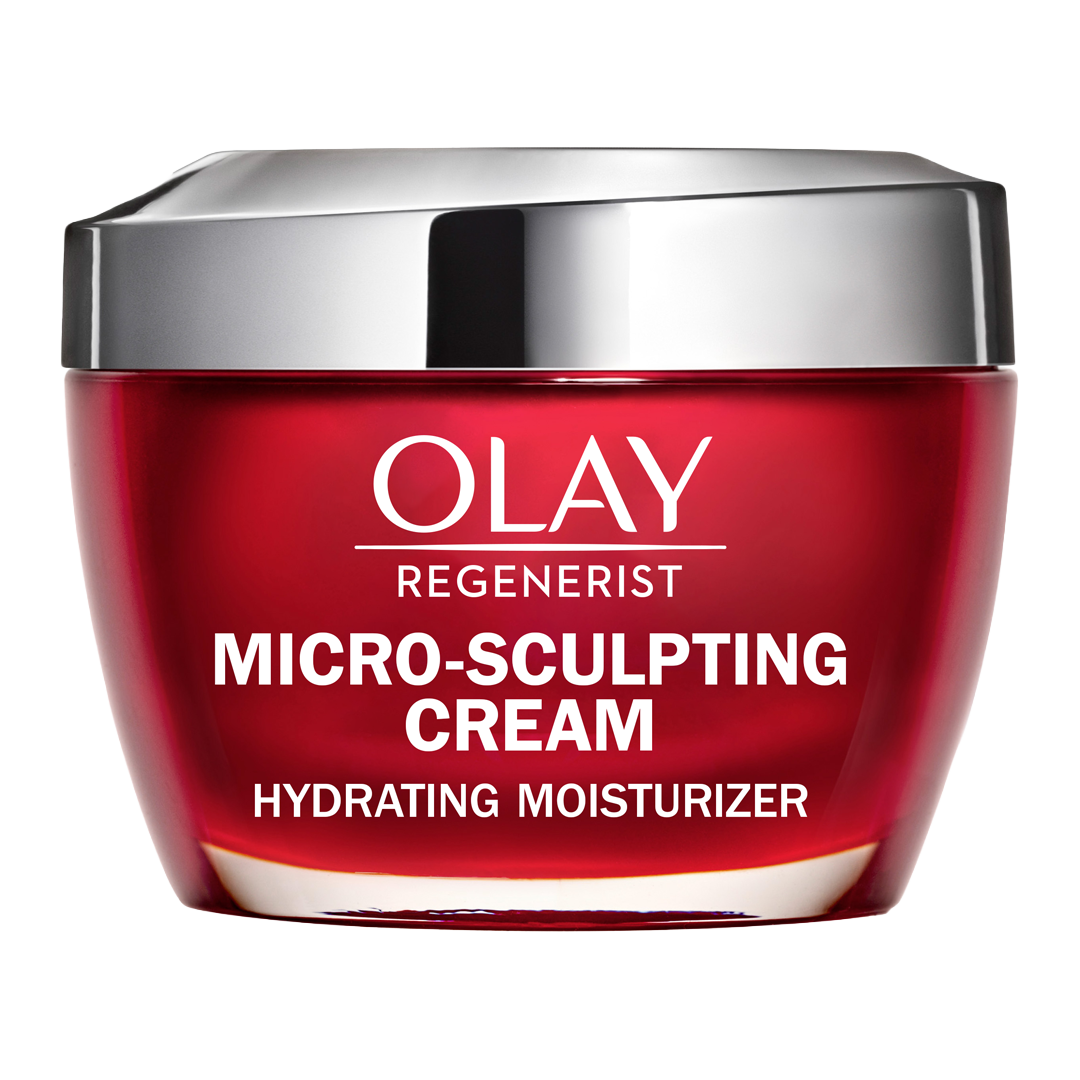 Olay Regenerist Micro-Sculpting Cream hydrating moisturizer in a red jar.