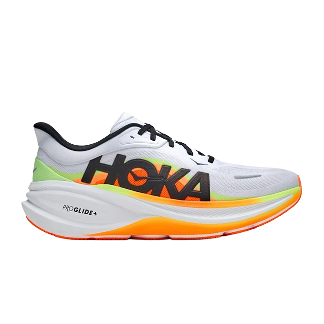 White and orange running shoe with 