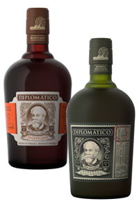 Two bottles of Diplomático rum, one dark and one light.