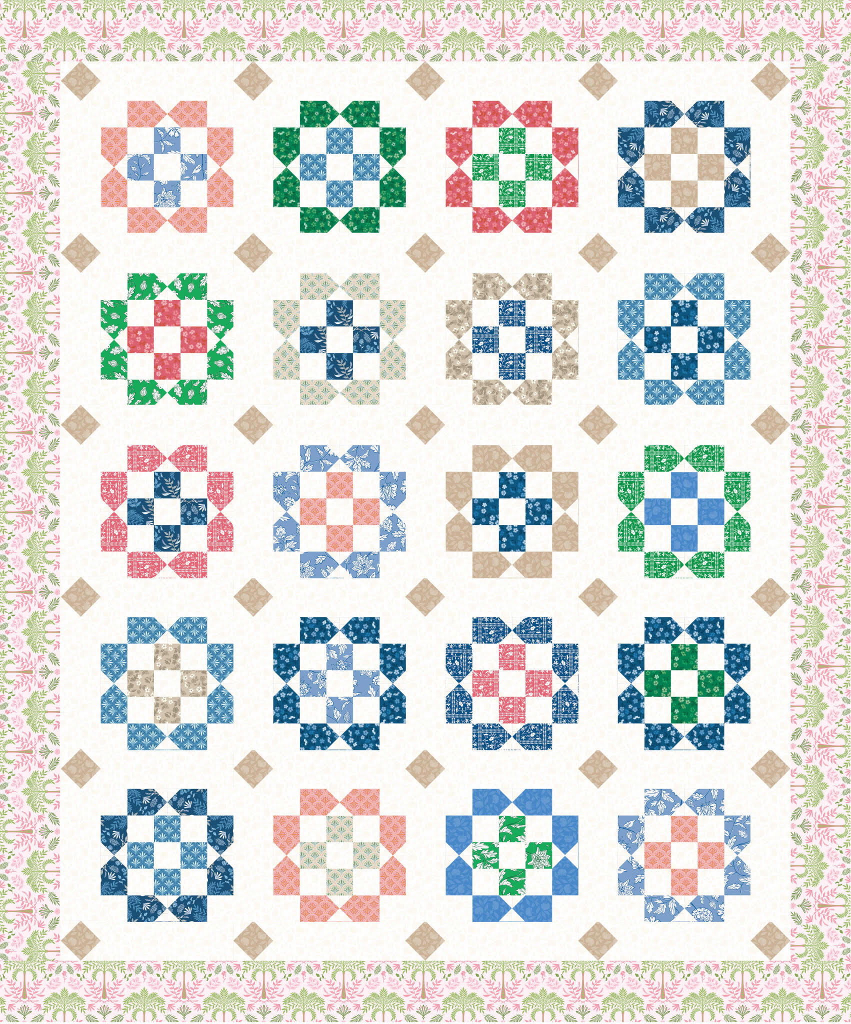 Colorful quilt pattern with floral designs and geometric shapes in various colors.