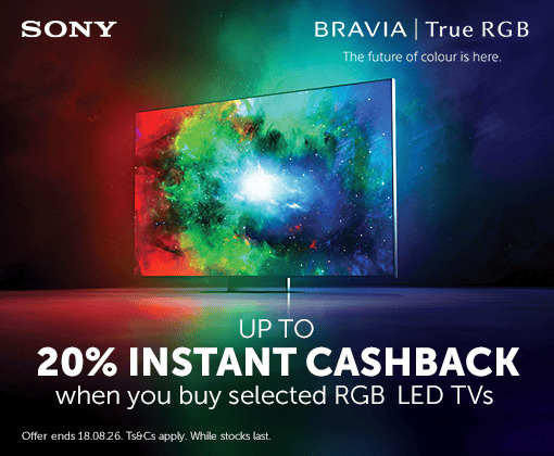 Sony BRAVIA TV advertisement with cashback offer for selected RGB LED TVs.