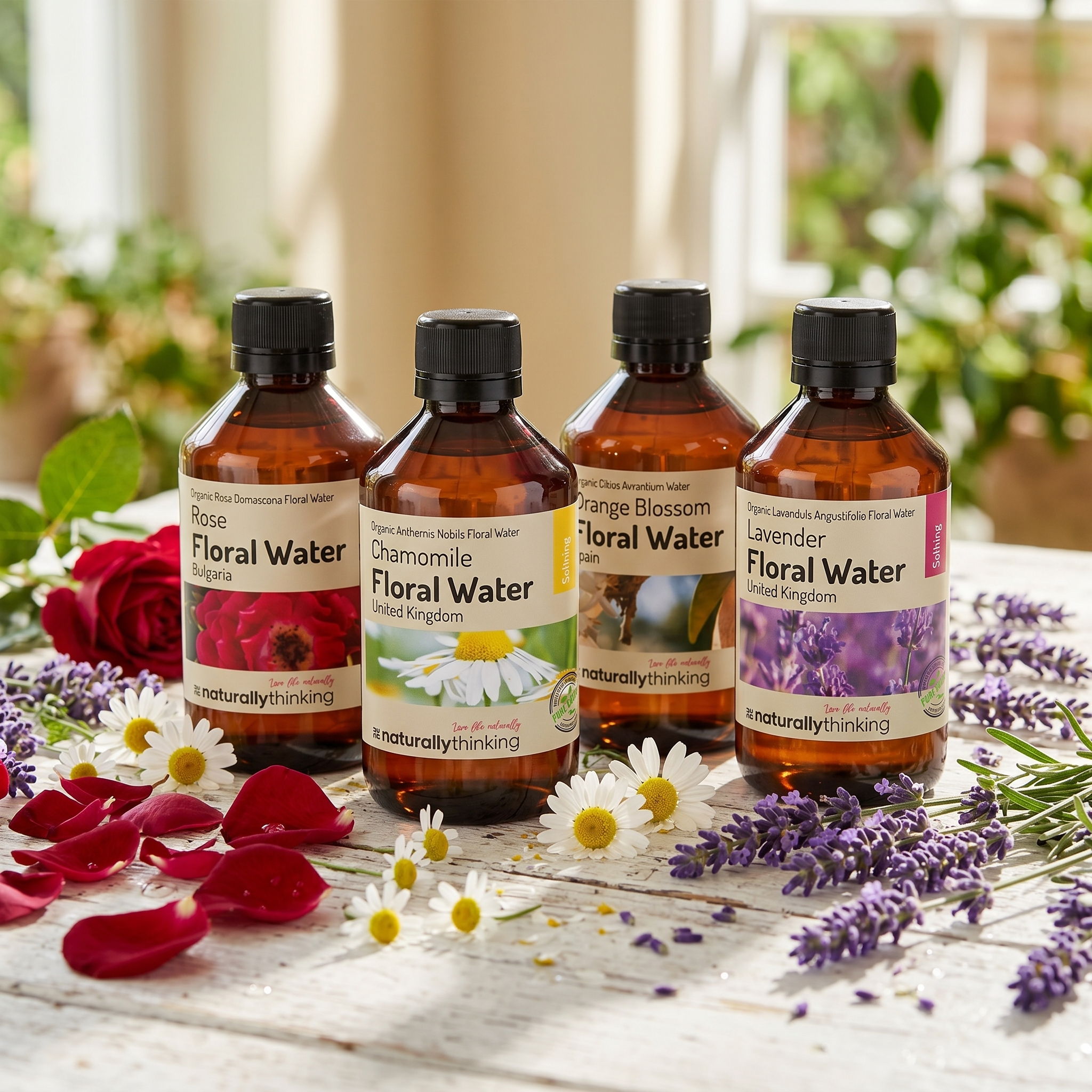 Four bottles of floral water surrounded by fresh flowers and petals.